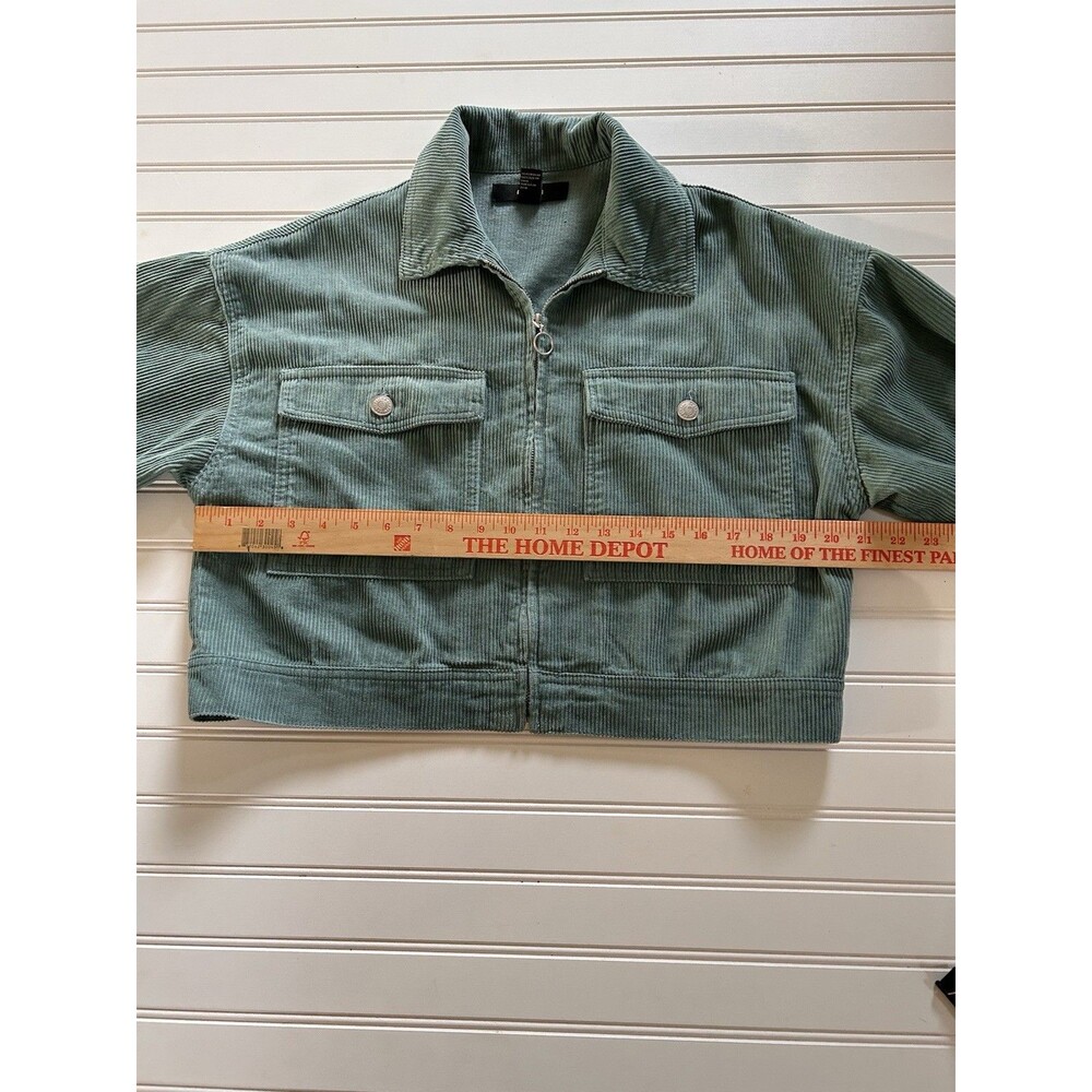 Forever 21 Teal Green Corduroy Jacket Womens Medium Cropped Zip Up Utility Boho - Picture 5 of 11